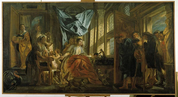 Penelope. Ulysses wife waiting for her husband repels the advances of her pretendants and continues her tapestry. painting by Jacob Jordaens (1593-1678). Musee Granet, Aix en Provence