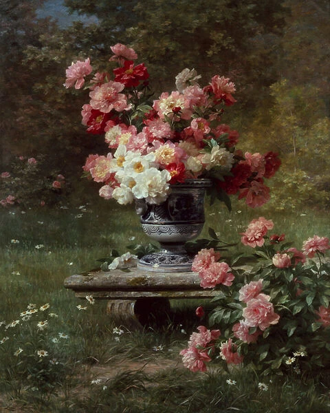 Peonies in an Urn in a Garden (oil on canvas)