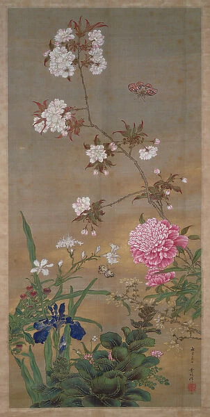 Peony, iris, cherry blossom and a butterfly, 1828 (ink, colours and gold on silk)