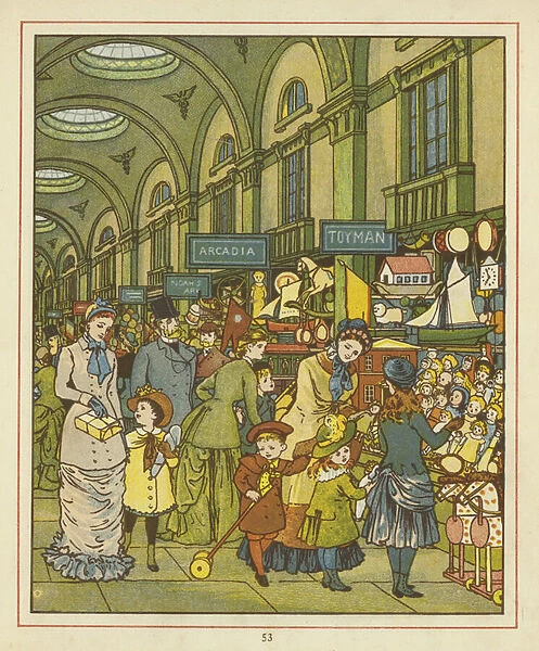People shopping in an arcade (colour litho)