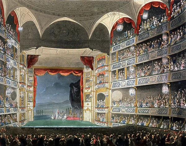 Performance at Drury Lane Theatre, London, 1808 (illustration)