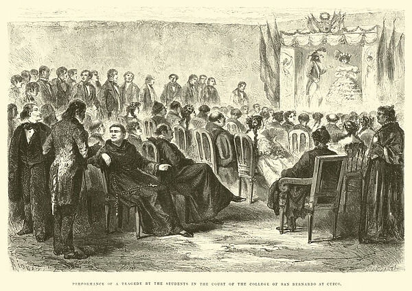 Performance of a tragedy by the students in the court of the College of San Bernardo at Cuzco (engraving)