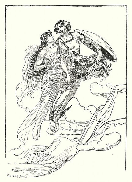 Perseus: 'Perseus lifted his fair Andromeda in his arms and fled with her to the cliff top'(litho)