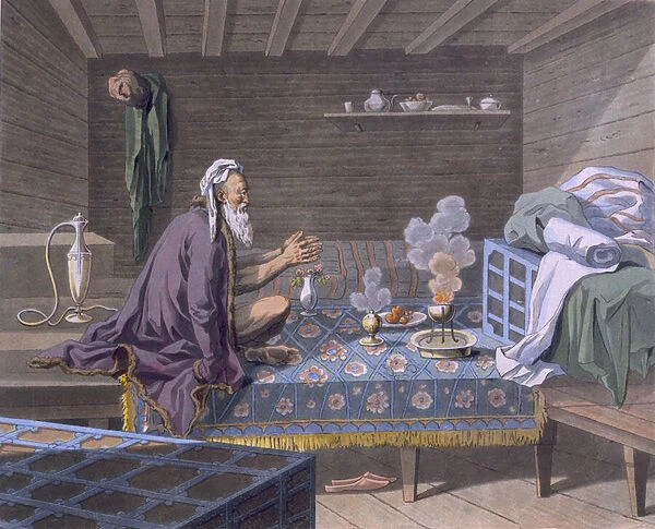 A Persian doing his morning prayers, 1812-13 (coloured engraving)
