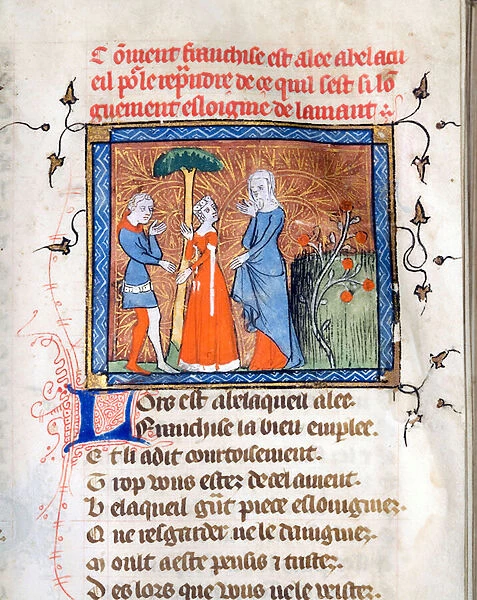 'Personnages en conversation'Page enluminee tiree du manuscrit 'Le Roman de la Rose'de Guillaume de Lorris (vers 1200-1238) et Jean de Meun (Meung) (1240-1305)