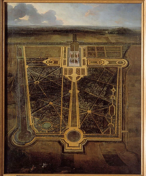Perspective view of a castle and a park a la francaise Painting by Pierre Denis Martin
