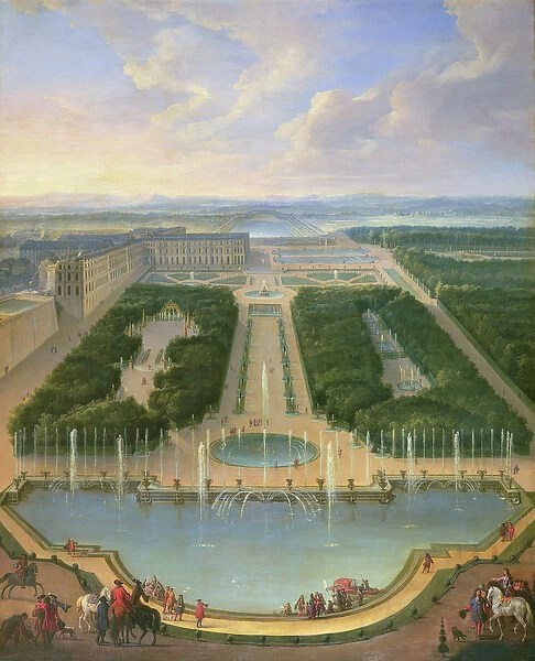 Perspective view of the chateau of Versailles seen from the Neptune Fountain, 1696