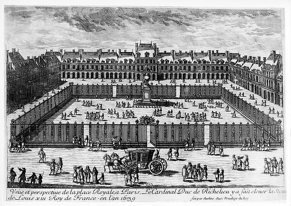 Perspective view of the Place des Vosges (engraving) (b  /  w photo)