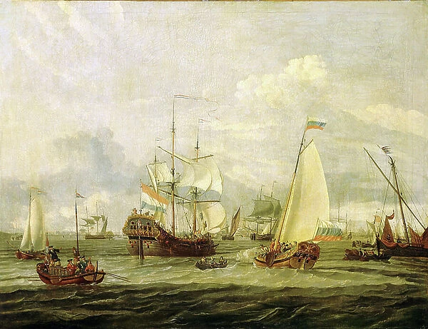Peter the Great (1672-1725), tsar of Russia, inspecting a boat in Amsterdam (Holland). Oil on canvas by Abraham Storck (1635-1710)