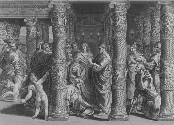 Peter and John at the Beautiful Gate, Acts 3, Verse 1-12 (engraving)