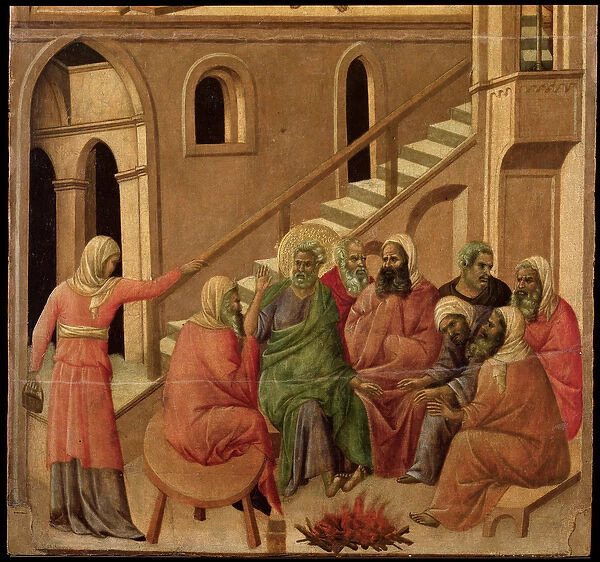Peters denial. Maesta altarpiece (tempera and gold on wood, 1308-1311)