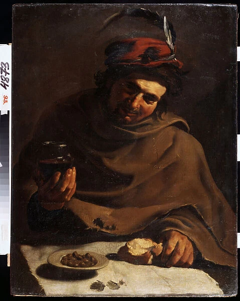 Petit dejeuner (Breakfast). Peinture de Bartolomeo Manfredi (1587-1622). Huile sur toile. Art italien, style baroque. State Art Museum, Kharkiv ou Kharkov, Ukraine