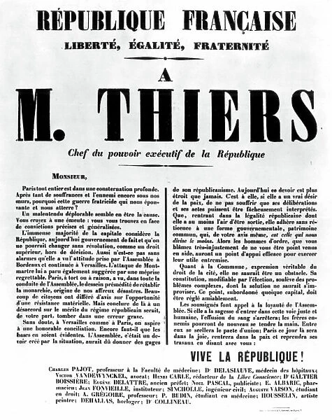 Petition for Adolphe Thiers about Paris Commune civil war, and Assembly 1871