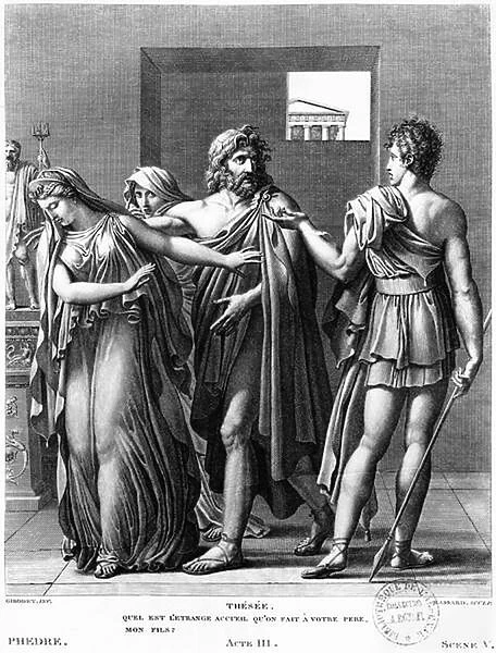 Phaedra, Theseus and Hippolytus, illustration from Act III Scene 5 of Phedre