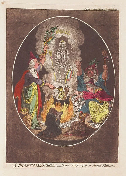 A Phantasmagoria: Scene - Conjuring up an Armed Skeleton, pub. 1803 (hand coloured engraving)
