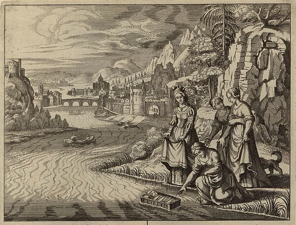 Pharaohs daughter discovering the infant Moses floating on the Nile (engraving)