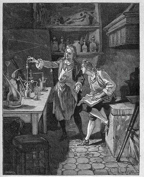 Philip II Duke of Orleans (1674-1723) doing chemistry with Humbert. Engraving of the 19th century. In 'Histoire de France'by Jules Michelet, 1870