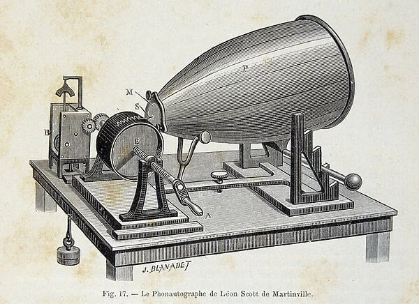 The phonautograph of Leon Scott de Martinville, ancestor of the phonograph. Invention around 1857 - in 'Physique Populaire'by Emile Desbeaux, 1891