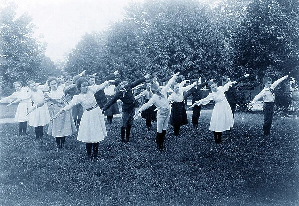 Photographic print, Cyanotype : School children exercising on lawn, Washington, D. C