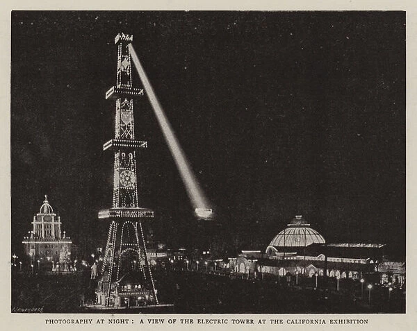 Photography at Night, a View of the Electric Tower at the California Exhibition (b  /  w photo)