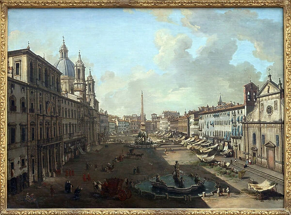 Piazza Navona (Piazza Navona) in Rome with the fountain of Neptune in the foreground, Oil painting on canvas by Giovanni Paolo Pannini (Panini) (1691-1765). Photography, KIM Youngtae, Nantes, Musee des Beaux Art de Nantes