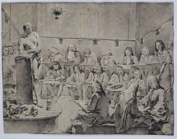 Piazzettas Academy: Artists drawing a nude (black and white chalk on blue paper)