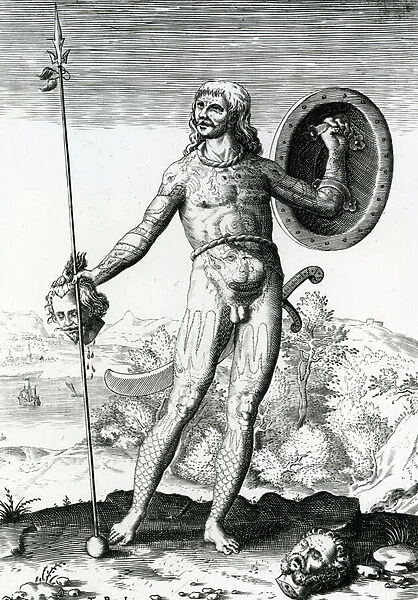 Pictish Man holding a Human Head (engraving)