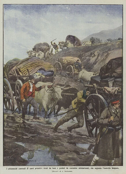 The picturesque convoys of primitive wagons pulled by oxen and led by militarized peasants... (colour litho)