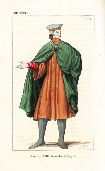 Pierre Rogiers (Pierre de Rougier or Peire Rogiers), troubadour and musician, 12th century. He wears a hat adorned with gold buttons, green cape tied at the breast, red tunic and lead-coloured stockings
