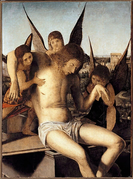 Pieta with three angels The dead christ supported by three angels on his tomb Painting by