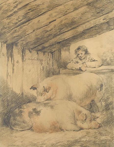 The Pigsty, 1792 (pencil with red & white chalk on paper)