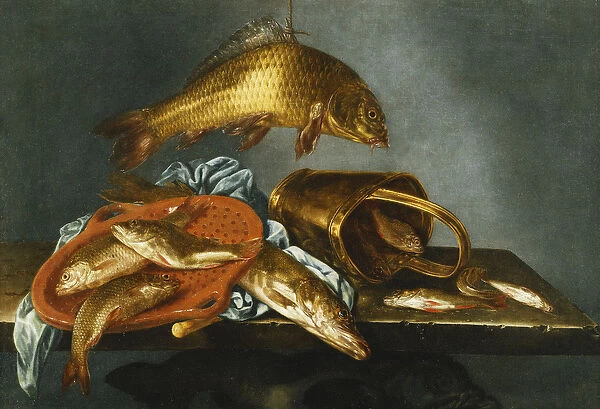 A Pike, Carp, Tench and Roach with a Sieve and a Brass Bucket on a Ledge