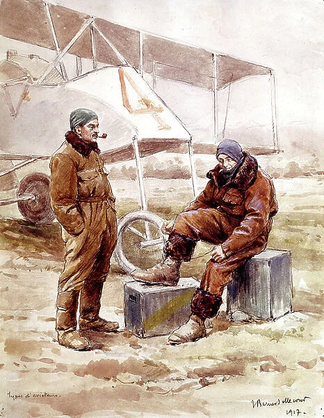 pilots and bomber plane 'Voisin'in 1917, (painting)