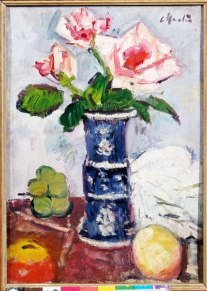 Pink Roses in a Chinese Blue and White Gu-shaped Vase (oil on canvas board)