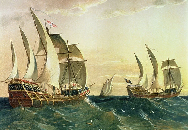 The Pinta, the Nina and the Santa Maria sailing towards the West Indies in 1492, from The Discovery of America, 1878 (colour litho)