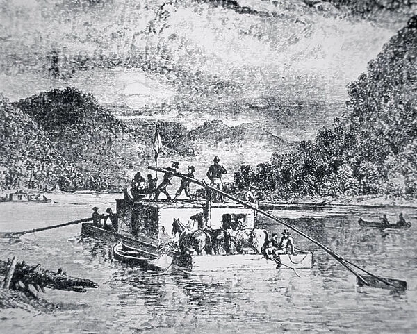 Pioneer flatboat on the Ohio River, c. 1845 (engraving)