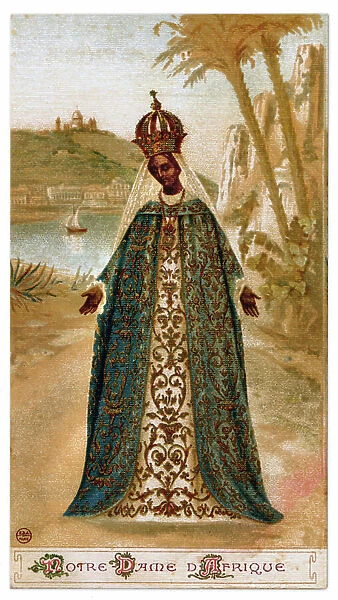 Pious Image: The Black Virgin. Our Lady of Africa. The crown and decorations of his dress are made of gold. French chromolithography, circa 1890
