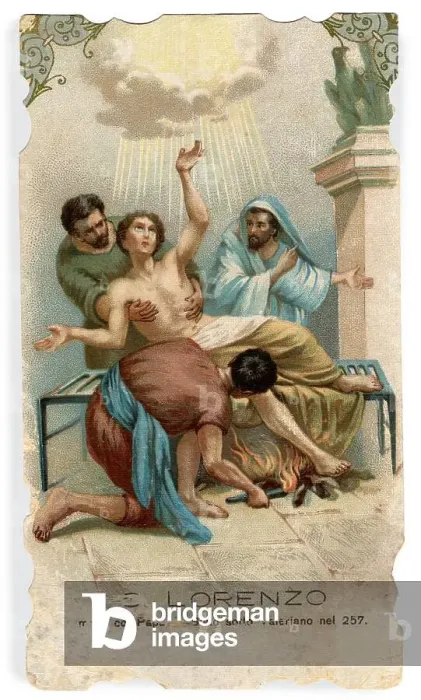 Framed Print : Pious image: representation of St. Lawrence's torment on the grill. Chromolithography Framed Print : Pious image: representation of St. Lawrence's torment on the grill. Chromolithography