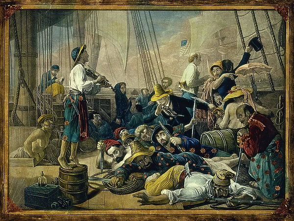 Pirates dressed in women's clothing attempt to decoy a merchant ship, 19th century (coloured engraving)