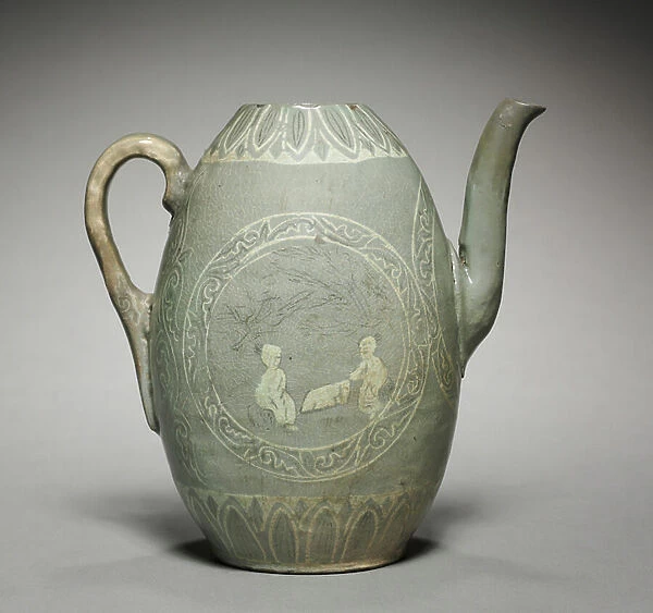 Pitcher with Inlaid Figure and Willow Design, 1200s (celadon ware with inlaid white and black slip decoration)