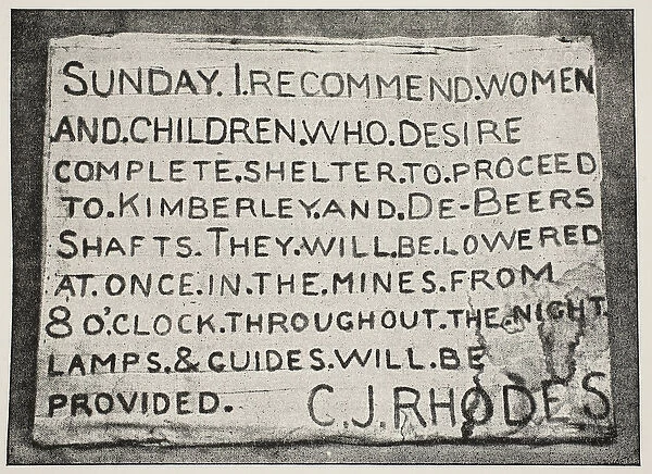 Placard erected by Mr Rhodes, photograph attributed to F. H. Hancox, Kimberley (b  /  w photo)