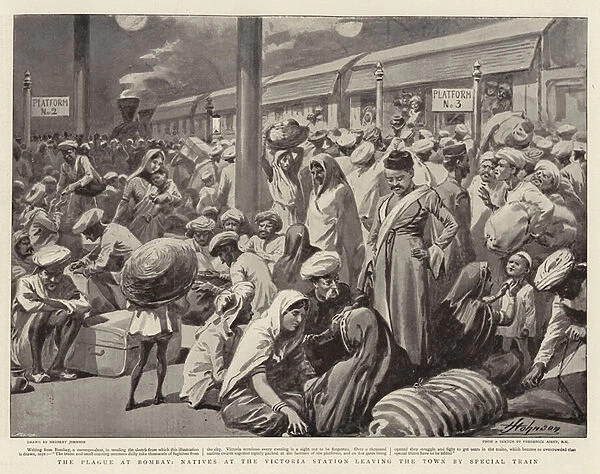 The Plague at Bombay, Natives at the Victoria Station leaving the Town by Special Train (litho)