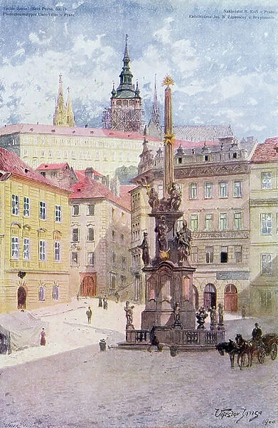 Plague Column of St. Trinity, Malostranske Namesti, Mala Strana, Prague, 1900 (litho)