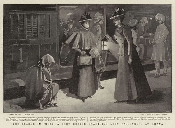The Plague in India, a Lady Doctor examining Lady Passengers at Khana (engraving)