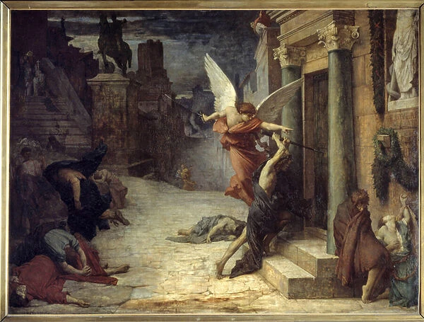 The plague in Rome Allegorical representation of the flower breaking through the doors. Painting by Jules Elie Delaunay (1828-1891) 1869. Dim. 1, 31 x 1, 76 m Paris, musee d Orsay - The Plague in Rome