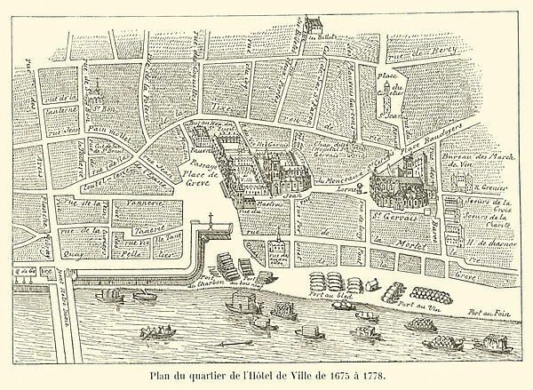 Plan du quartier de l Hotel de Ville de 1675 a 1778 (engraving)