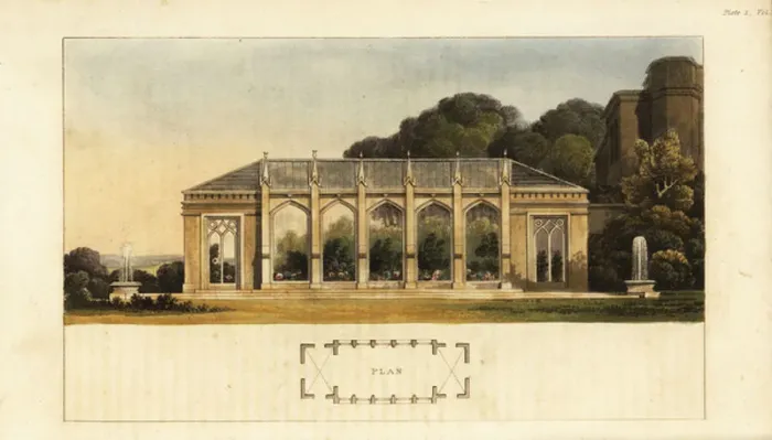 Framed Print : Plan and elevation of a Gothic conservatory, 1816 (engraving)