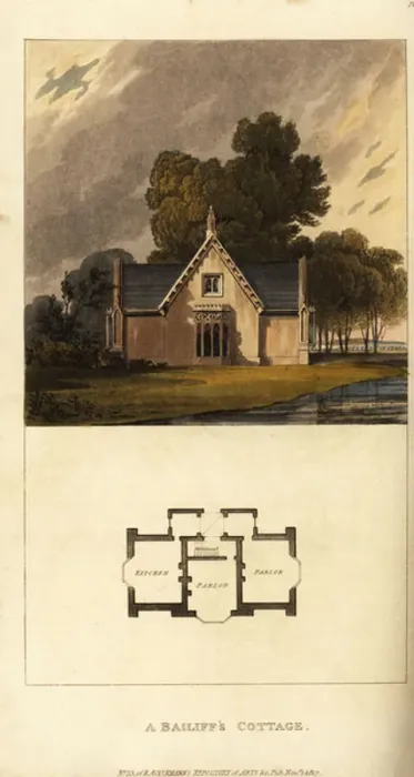 Framed Print : Plan and elevation of a Regency Era bailiffs cottage, 1817 (engraving)