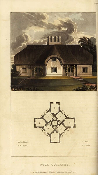 Plan and elevation of a Regency thatched cottage, 1817 (engraving)