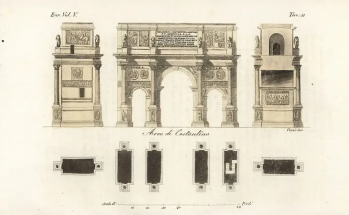 Framed Print : Plan and elevations of the Arch of Constantine, Rome, a triumphal arch built to commemorate Emperor Constantine Is victory over Maxentius